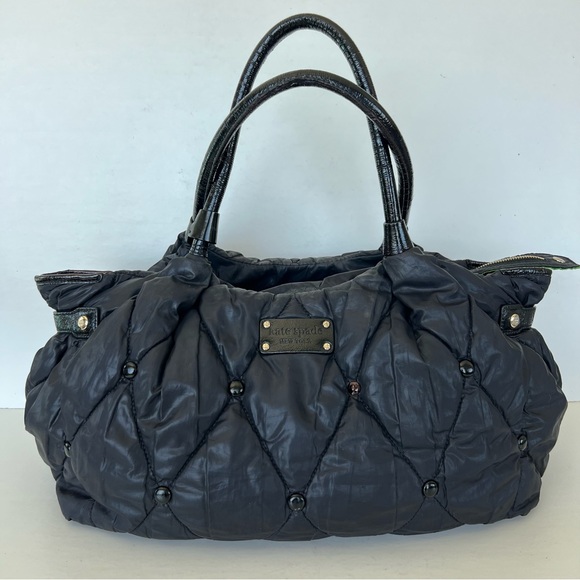 KATE SPADE Stevie Black Quilted Nylon Patent Leather Studded Shoulder Bag Tote - Picture 3 of 15